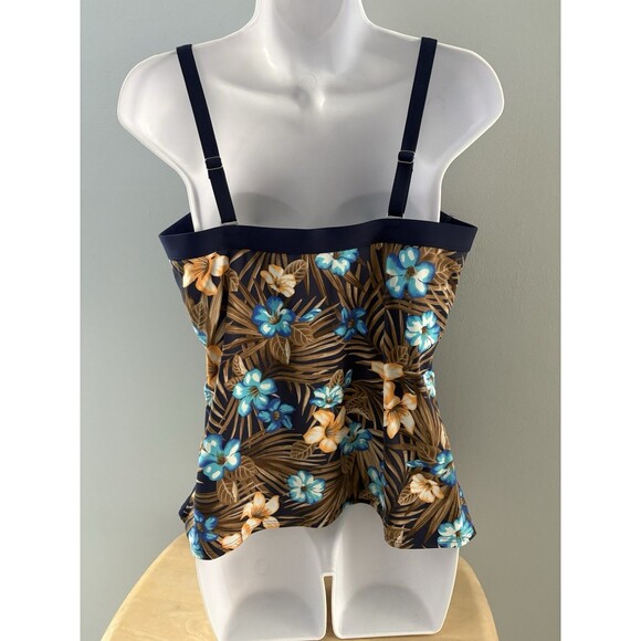 Lands End Swim Top Size 12 Blue Brown Floral Blouson Tummy Hiding Ruched Tankini - Picture 3 of 11